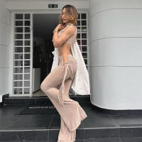 BUNO-Conjunto elegante de 2 piezas con pliegues de gato extraño para mujer, Tops cortos sexis sin mangas con cuello bajo + Pantalones rectos con borlas de cintura Irregular, traje liso - details 24