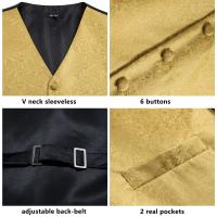 Chaleco de seda negro para hombre, conjunto de gemelos y pañuelo con corbata de Jacquard de Cachemira, chaleco Formal de negocios sin mangas con cuello en V - details 12