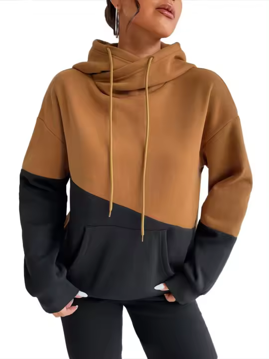 Sudaderas con capucha para mujer, ajuste, colores contrastantes, top cálido para mujer, sudaderas con capucha marrones sueltas para Haruku - 1