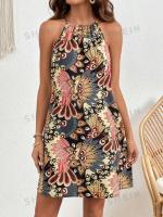 Vestidos bohemios de verano para mujer, vestido Vintage con estampado integral y cuello Halter, Vestidos de vacaciones con temperamento colgante sin mangas - details 3