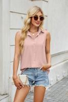 Camisa y blusa de verano para mujer, blusa holgada de gasa de Color sólido sin mangas con botones, hermosa en promociones, Tops femeninos - details 13