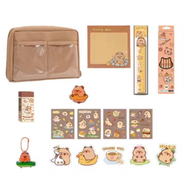 Juego de papelería de capibara de dibujos animados, juego de papelería escolar Kawaii con temática de capibara, muñeco de peluche, Kit de regalo de herramientas para estudiantes de gran capacidad - 1