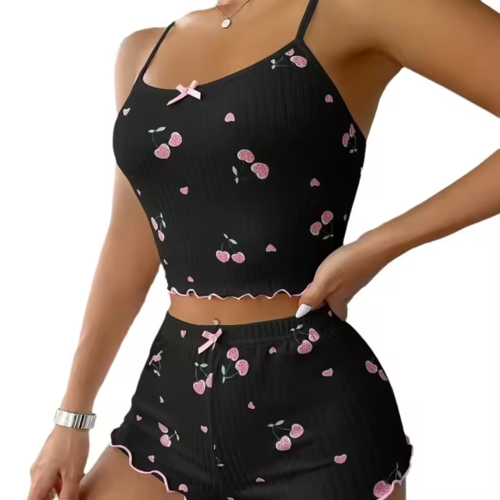 Nuevo Estampado de cereza, ropa para el hogar de Color sólido, lazo, cómoda correa, ropa de dormir Sexy, ropa de dormir de verano para mujer - 1