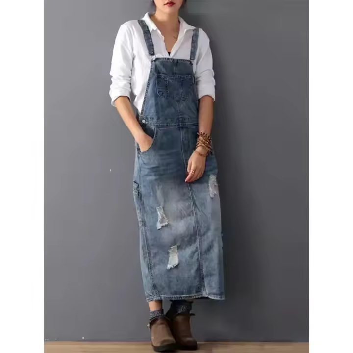 Vestido de Denim Largo con Correa Moda de Trapo Suelto para Mujeres Vestidos de Jeans sin Mangas 2024 - 1
