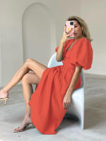 Novedad de verano, corte en V de algodón puro, cintura con abertura, diseño ceñido, línea A, Dre para mujer - details 11