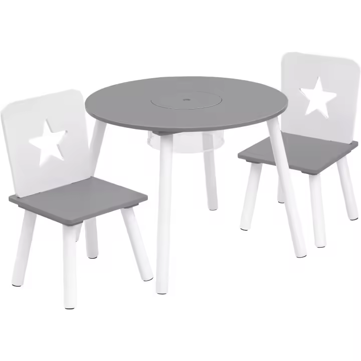 Grupo de Asientos para Niños Mesa Redonda y 2 Sillas en Edad Preescolar Muebles para Niños 59,5 cm(φ) x 46 cm Blanco+Gris - 1