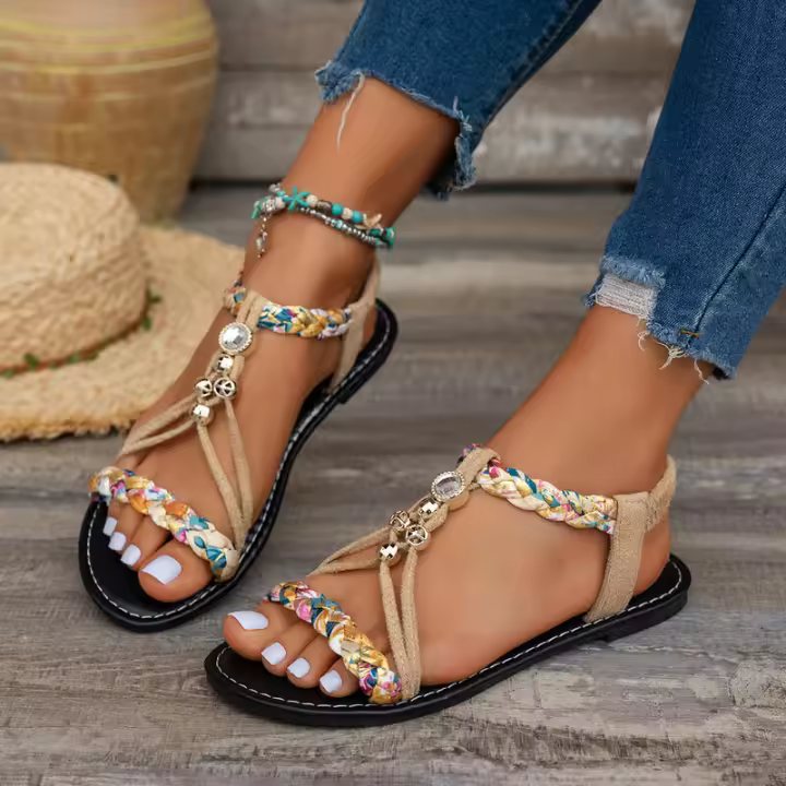 Sandalias versátiles informales de estilo bohemio redondas planas nuevas de verano para mujer - 1