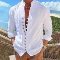 Nueva camisa casual de primavera y otoño, camisa holgada de manga larga de Color sólido para hombre, camisas con botones, camisas Vintage de talla grande - details 3