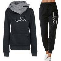 Womens Tracksuit Trend Double Neck Hooded Sweatshirts+Sweatpants 2 Piece Set Heart Printing Casual AutumnWinter Outfits Clothing - details 5