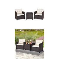 Conjunto de Muebles de Jardín 3 Piezas, 2 Sillones de Polirratán y 1 Mesa con Tablero de Cristal, Juego de Bistro con Cojines, Mesa y Silla para Terraza, Jardín, Patio - details 3