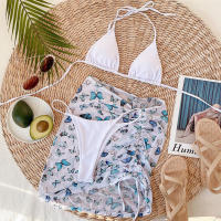Bañador con estampado blanco para mujer, conjunto de Bikini de 3 piezas, microbikini triangular con cordón, traje de baño Halter de cintura baja, novedad de 2021 - details 2
