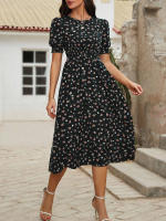 Vestido de mujer, novedad de verano 2025, vestido de longitud media acampanado a la moda con cintura alta y flores redondas para mujer - details 22