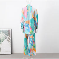 Conjunto de camisa y pantalones con estampado informal para mujer, Top holgado con cuello vuelto y botella única - details 2