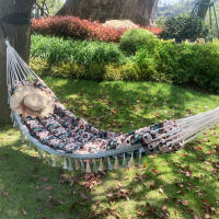 Columpio con Borlas de 200x150 CM para 2 Personas, Hamaca Portátil y Ancha para Exteriores, Antivuelco, Hamaca de Lona Jacquard con Borlas, Apta para Jardín, Bosque, Campo - details 6