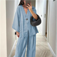 Nuevo conjunto casual de moda transfronterizo para mujer, top holgado con cuello en V y pantalones de pierna ancha - details 2