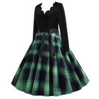 Women plaid print long sleeve vintage a line party dress v neck - details 38
