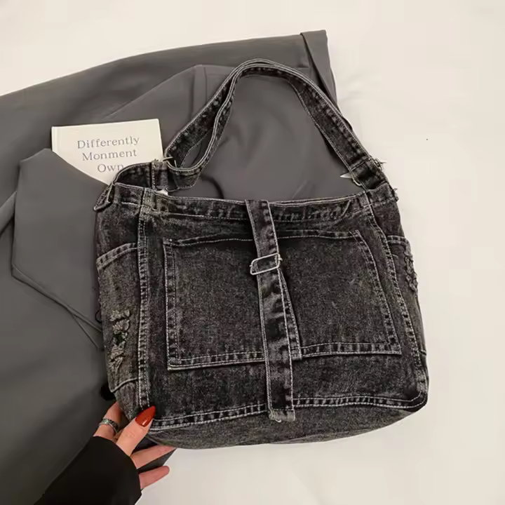 Bolso de hombro de lona vaquera, bolso Vintage con correa y hebilla, estilo callejero, Color sólido, gran capacidad, bolso de mano sencillo para estudiantes - 1