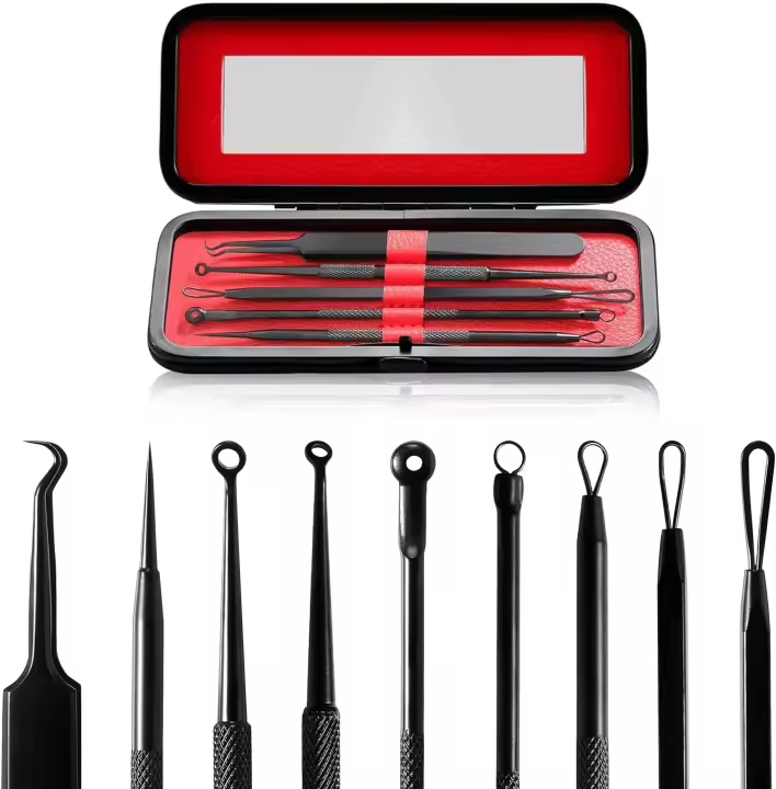 Takibird Limpiador de Puntos Negros Extractor de Acné Espinillas Comedones Removedor Kit Herramientas para Cara y Nariz, Selector de Partículas de Grasa de Hombres y Mujeres, Caja de Cuero (5 Piezas) - 1