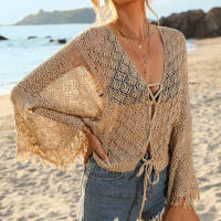Vestido playero de ganchillo para mujer: envoltura holgada de bikini de manga larga con lazo de borlas, mangas acampanadas y protección solar - details 14