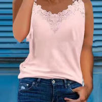 Camiseta sin mangas de encaje con cuello en V para mujer, ropa informal holgada para fiesta, 2024 - details 15