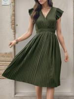 Vestido plisado de verano para mujer, manga corta, color sólido - details 6