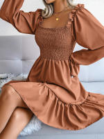 Vestido elegante de manga larga para mujer, falda de cuello cuadrado, de Color sólido vestido de volantes, moda de primavera y otoño - details 11