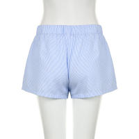 Pantalones cortos básicos cómodos e informales sueltos con botones de cintura elástica tejidos a rayas de verano para mujer - details 12
