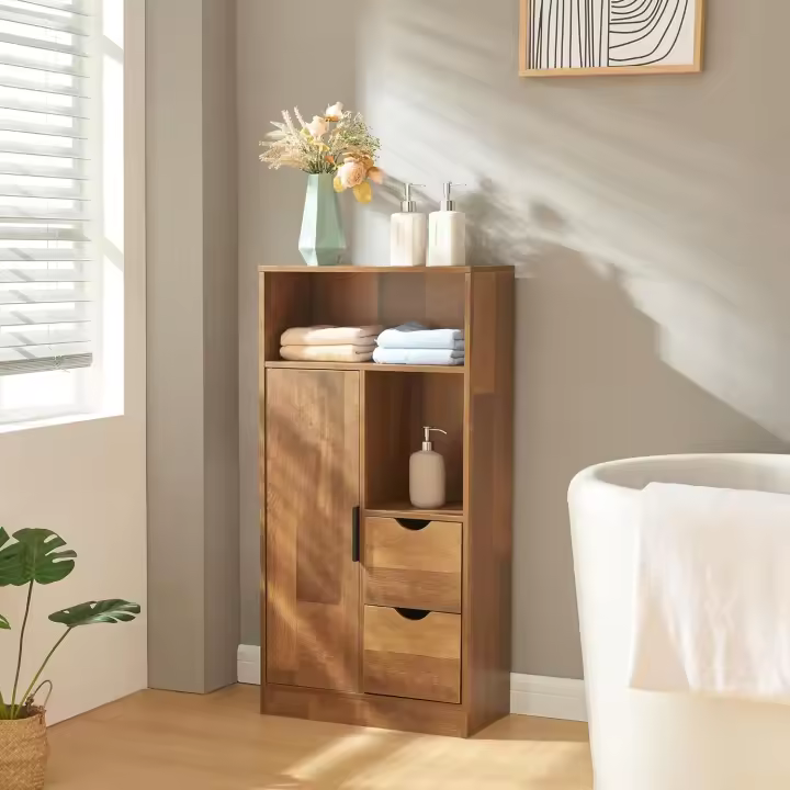 Mueble auxiliar de baño con 4 compartimentos, 2 cajones, armario midi con puerta, mueble bajo para dormitorio, aglomerado, tirador de metal. - 1
