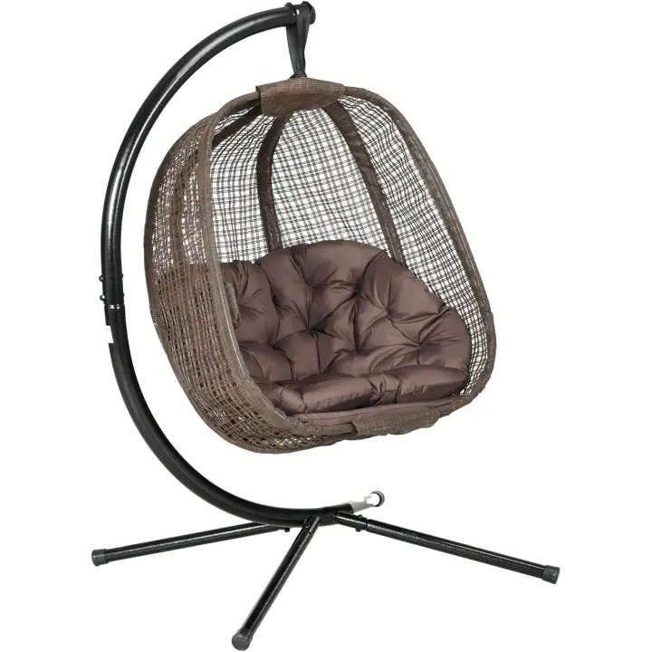 Silla Colgante con Efecto Imitación Ratán Sillón Colgante con Soporte de Acero Cesta Plegable Bolsa de Taza y Cojines Carga 120 kg para Interior y Exterior Café - 1
