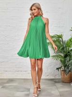 Mini Vestidos con lazo y cuello Halter para mujer, vestido plisado sin mangas con pliegues holgados de Color sólido a la moda - details 11