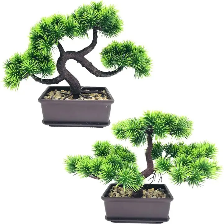 Bonsái Artificial Decoración de Plantas árbol de Bonsái en la decoración de Plantas Artificiales en maceta para la Entrada/Dormitorio/Oficina/Verde 2 Set - 1