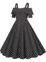 Vestido de fiesta Vintage elegante con hombros descubiertos, vestidos Midi de verano con lunares y volantes para mujer - details 36