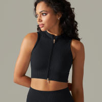 Hamidou-Sujetador deportivo con cremallera para mujer, Top de Yoga, chaleco de sudor, chaqueta de entrenamiento para correr, chaquetas sin mangas para correr, Tops cortos elásticos ajustados - details 4