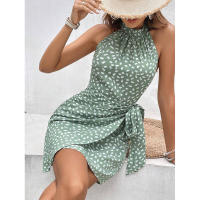 Vestido halter con cintura ceñida, sin mangas, fruncido y con lazo - details 5
