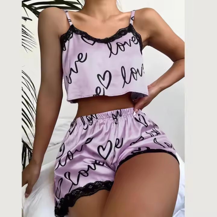2 unids/set traje de pijama para mujer lindo cuello en V encaje amor corazón impreso tirantes Tops pantalones cortos camisón ropa de dormir conjunto de ropa de casa - 1