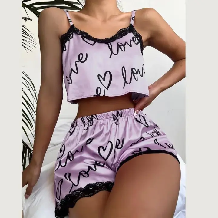 2 unids/set traje de pijama para mujer lindo cuello en V encaje amor corazón impreso tirantes Tops pantalones cortos camisón ropa de dormir conjunto de ropa de casa - 1