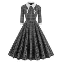 2025 nuevo Vintage marrón a cuadros Rockabilly Midi vestidos cuello vuelto arco 3/4 manga larga Otoño Invierno mujer vestido elegante - details 12
