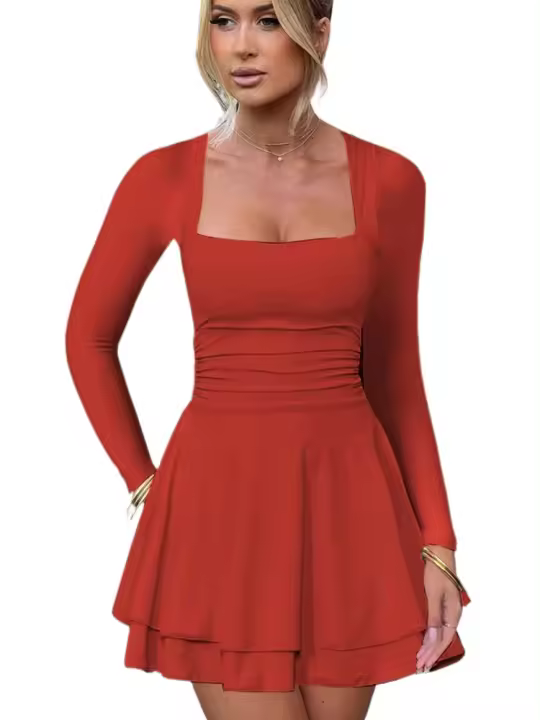 Vestido corto de manga larga con volantes para mujer, elegante y elegante, cuello cuadrado, ropa de fiesta, nuevo, oferta - 1