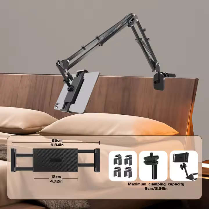 Soporte de tableta giratorio de brazo largo para cama ajustable, soporte de tableta de escritorio de Metal, abrazadera para 4,7-13 "para iPad Mini Air Pro - 1