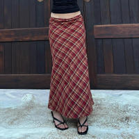 BUNO-Falda trompeta a cuadros roja Y2K, faldas largas de cintura alta para Festival de Navidad, faldas largas de sirena Vintage, pantalones estéticos - details 2