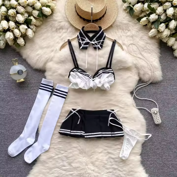 Tornova-Conjuntos de uniformes sexys de estilo Preppy para mujer, traje de uniforme Sexy, Top transparente, minifalda con cordones y tangas, trajes porno de Cosplay huecos - 1
