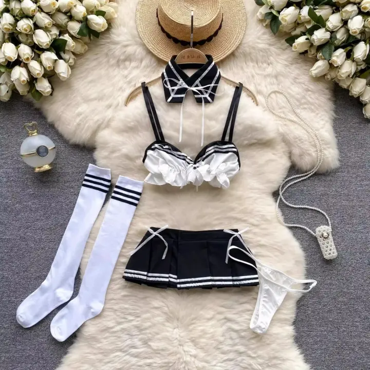 Tornova-Conjuntos de uniformes sexys de estilo Preppy para mujer, traje de uniforme Sexy, Top transparente, minifalda con cordones y tangas, trajes porno de Cosplay huecos - 1