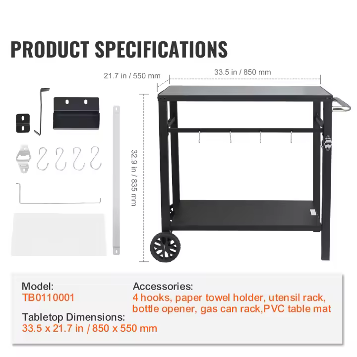 SucceBuy Carro de comedor para parrilla al aire libre, mesa de preparación para barbacoa de 2 estantes, tapa de hierro plegable, carro modular portátil para horno de pizza, mesa de trabajo con ruedas y asa de transporte - 1