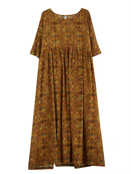 Vestido Casual de Verano 2024 Manga Corta de Algodón, Estampado Vintage, Vestido Largo y Suelto para Mujeres - 1