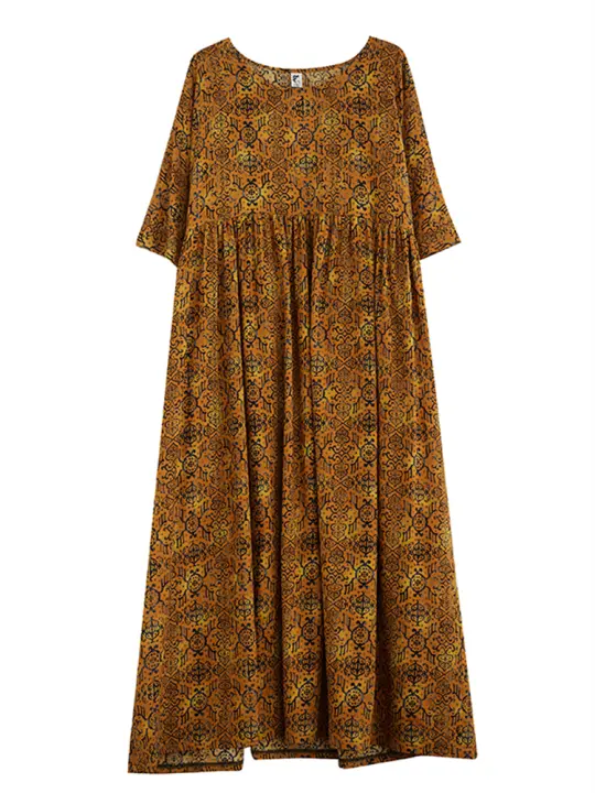 Vestido Casual de Verano 2024 Manga Corta de Algodón, Estampado Vintage, Vestido Largo y Suelto para Mujeres - 1