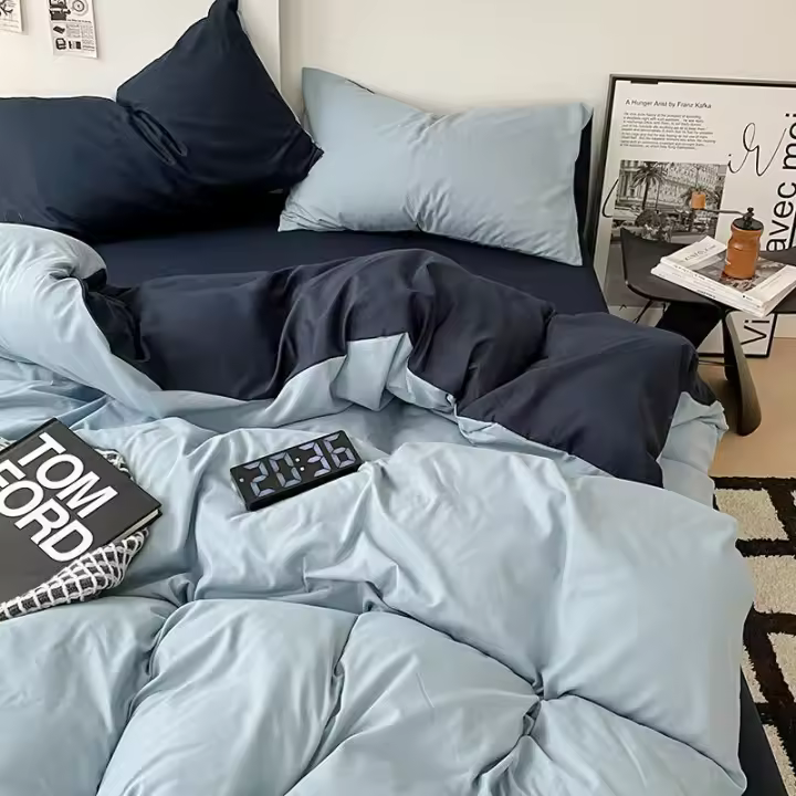 Juego de Ropa de Cama de Algodón Lavado Doble Cubierta de Edredón, Sábana Ajustable, Funda de Cama de Dormitorio Estilo Ins - 1