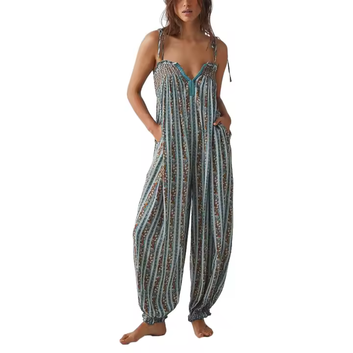 Mono holgado floral bohemio para mujer, sin mangas, con cuello barco, fruncido, con tirantes finos, mono largo holgado - 1