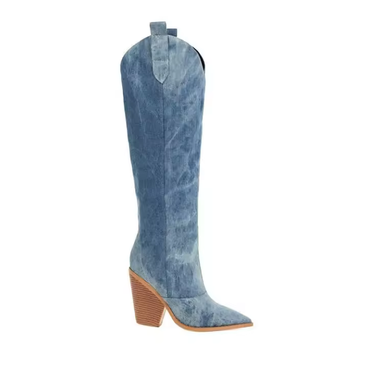 2025 nuevas botas de mujer Denim puntiagudas, tacón ultra alto, botas de tubo largo de mezclilla hasta la rodilla - 1