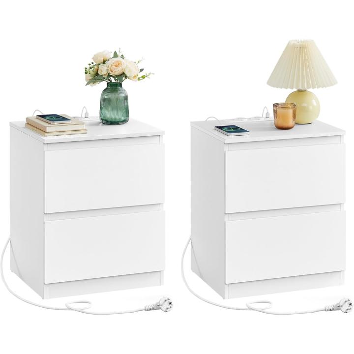 Colección Kailyn Juego de 2 Mesitas de Noche con Regleta de Enchufe, Mesa Auxiliar, 2 Cajones, 2 Tomas AC, 2 Puertos USB-A, Salón, Dormitorio, Blanco Nube LET821W02