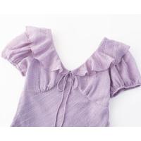 Vacaciones francesas con cuello en V, borde de volantes, vestido de manga corta con cintura y delgado, el vestido morado suave es versátil - details 3